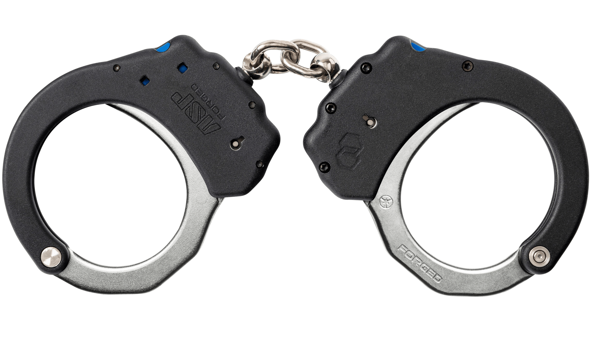 Black and silver handcuffs on a white background