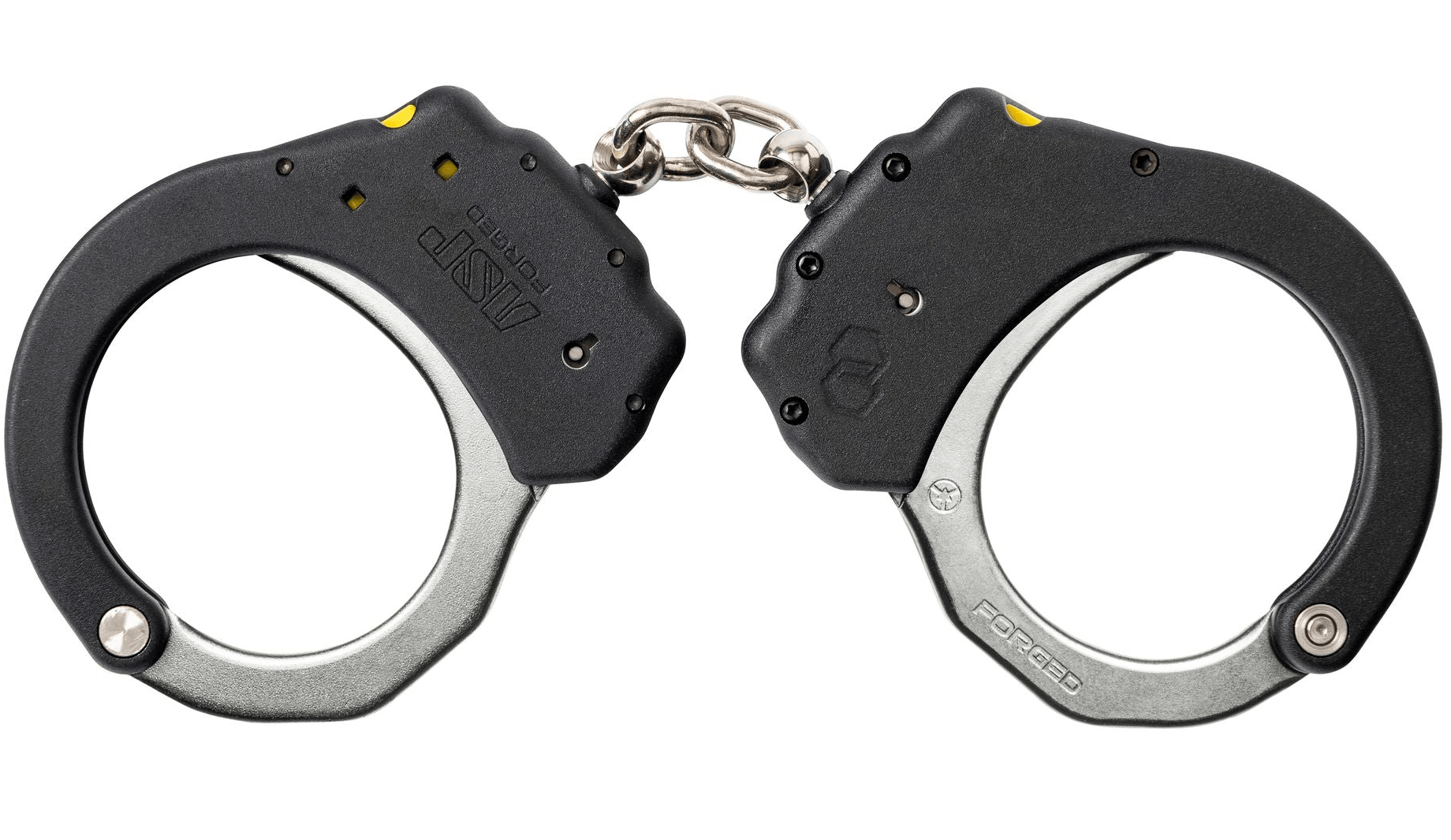 Black and silver handcuffs on a white background