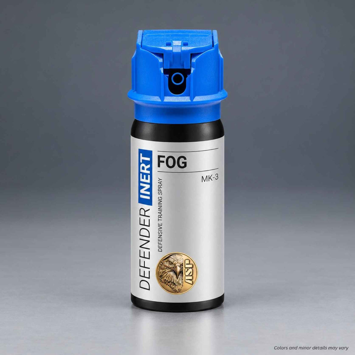 ASP Defender MK-3 Fog inert training spray 54922 with blue flip-top actuator and INERT label, front view on a gray studio background