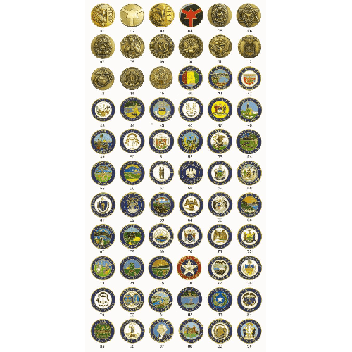 Various die struck medallions displayed in rows, showcasing different insignias and logos for identification purposes.