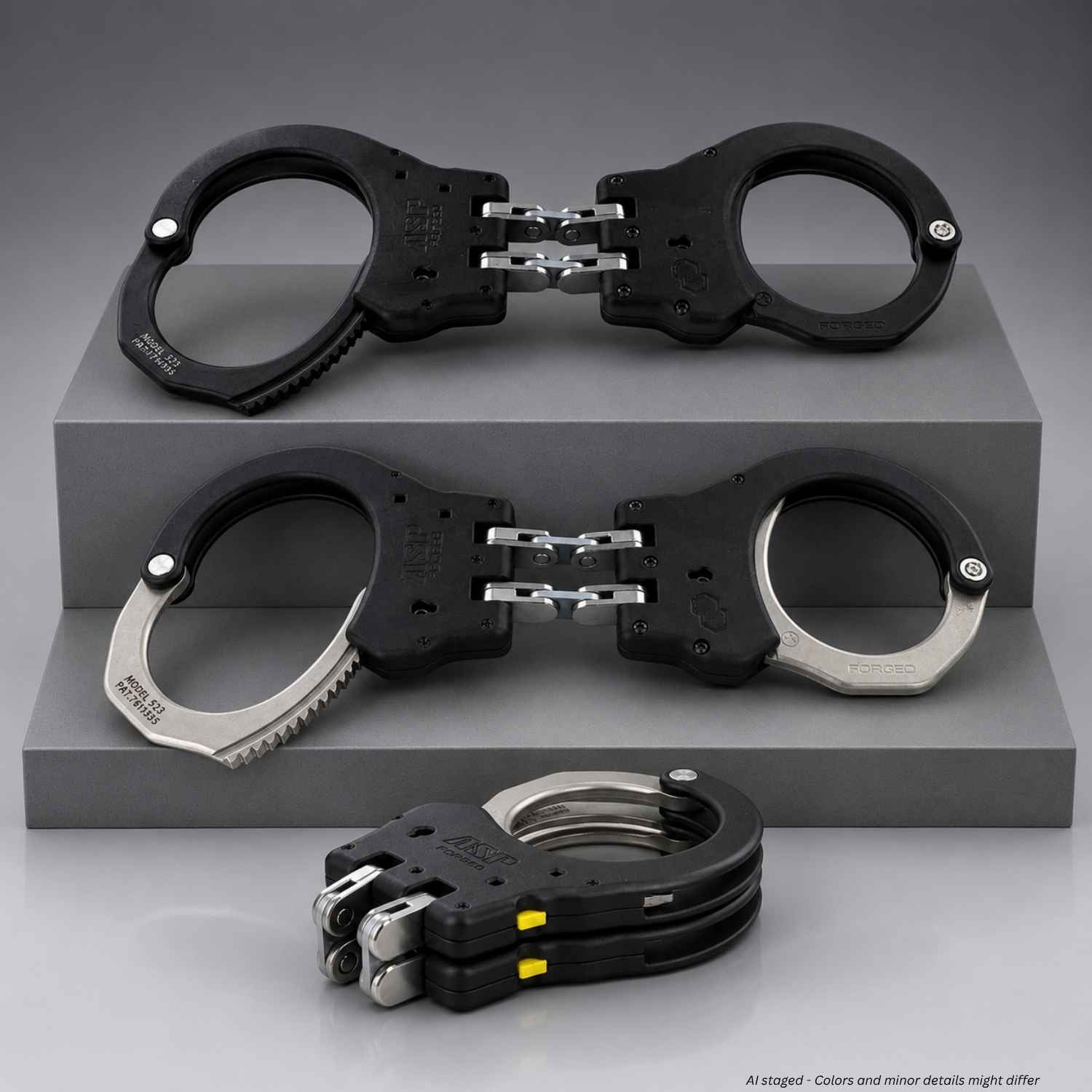 Three pairs of black and silver handcuffs displayed on gray pedestals, with one pair folded in front. The handcuffs have a matte black finish with silver metal shanks and small yellow accents on the folded pair.