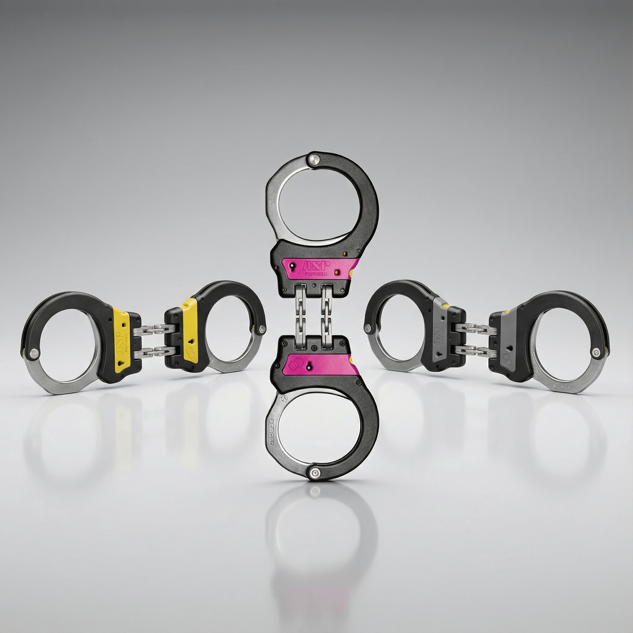 ASP Identifier Hinge Ultra Plus Cuffs hinged handcuffs with pink, yellow, or gray Identifier panels 5607 Series on a reflective surface