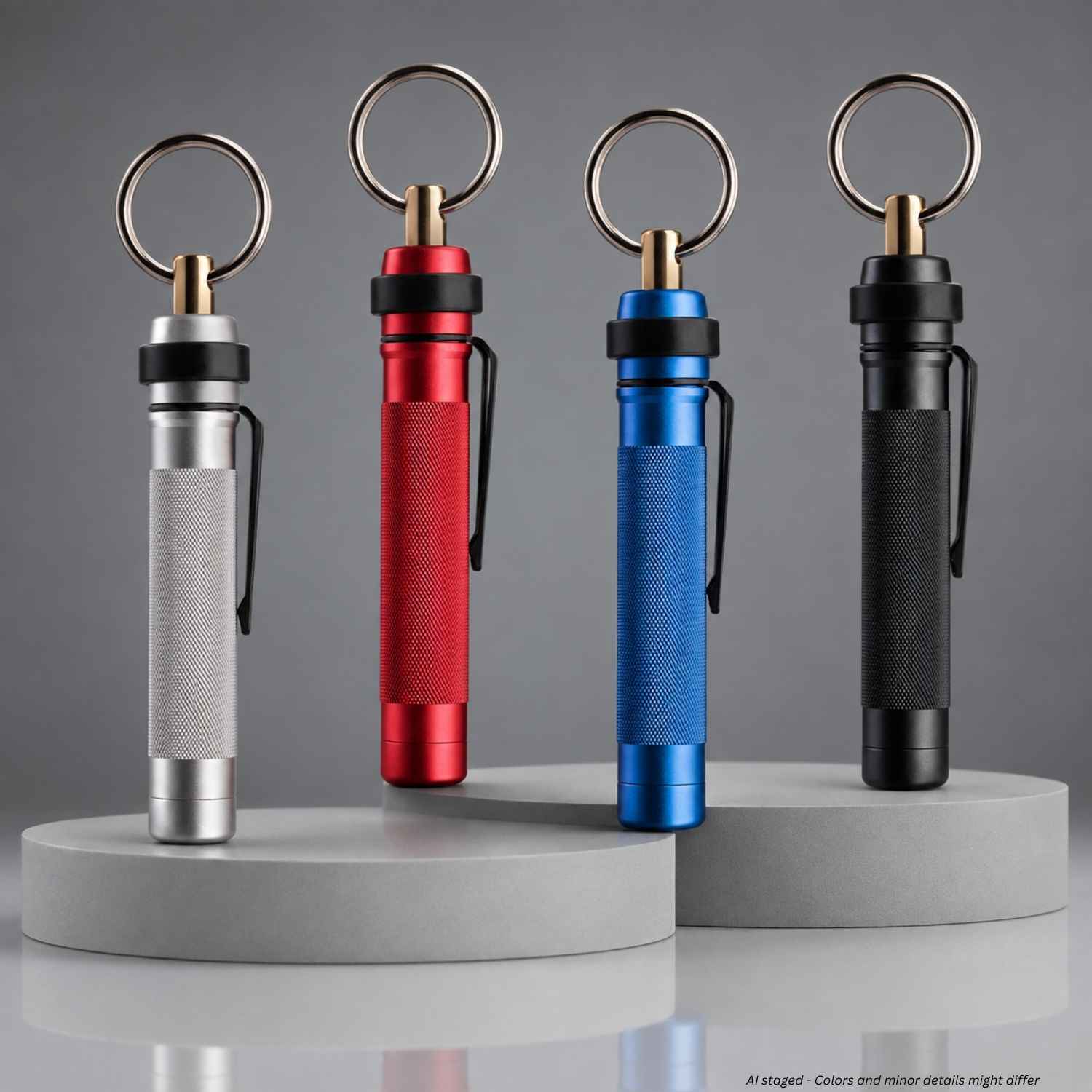 ASP Metro Defender D1 OC Spray in pewter, red, blue, and black, each on a key ring, model 54953