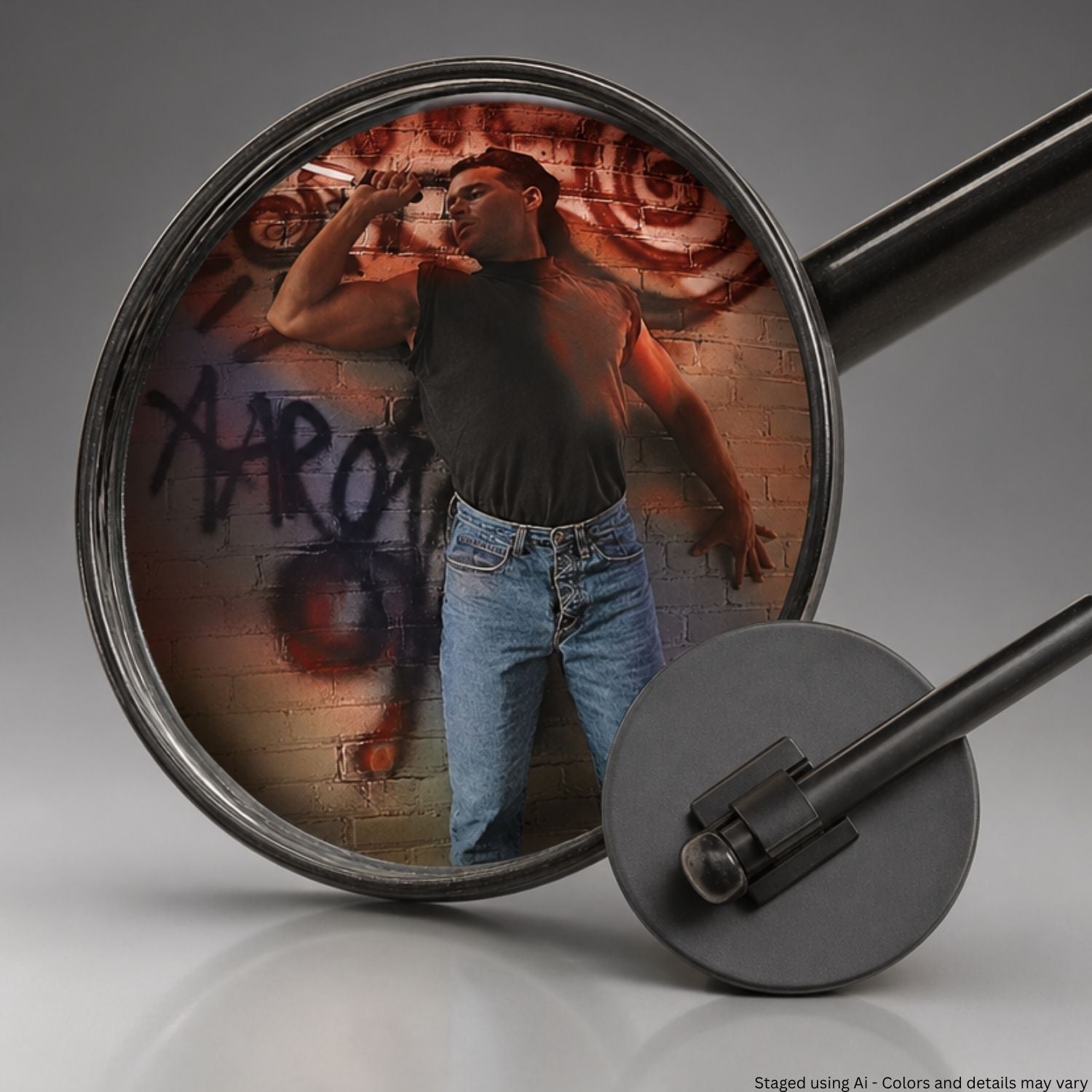 Round mirror reflecting a person flexing muscles against a graffiti-covered wall.