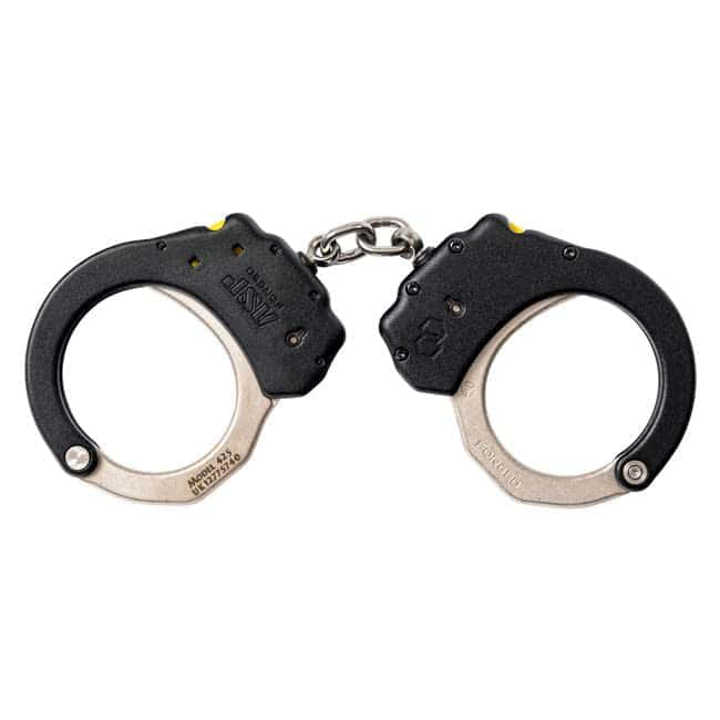 ASP Ultra Plus chain handcuffs 56060 with bare steel bows and yellow tactical indicators