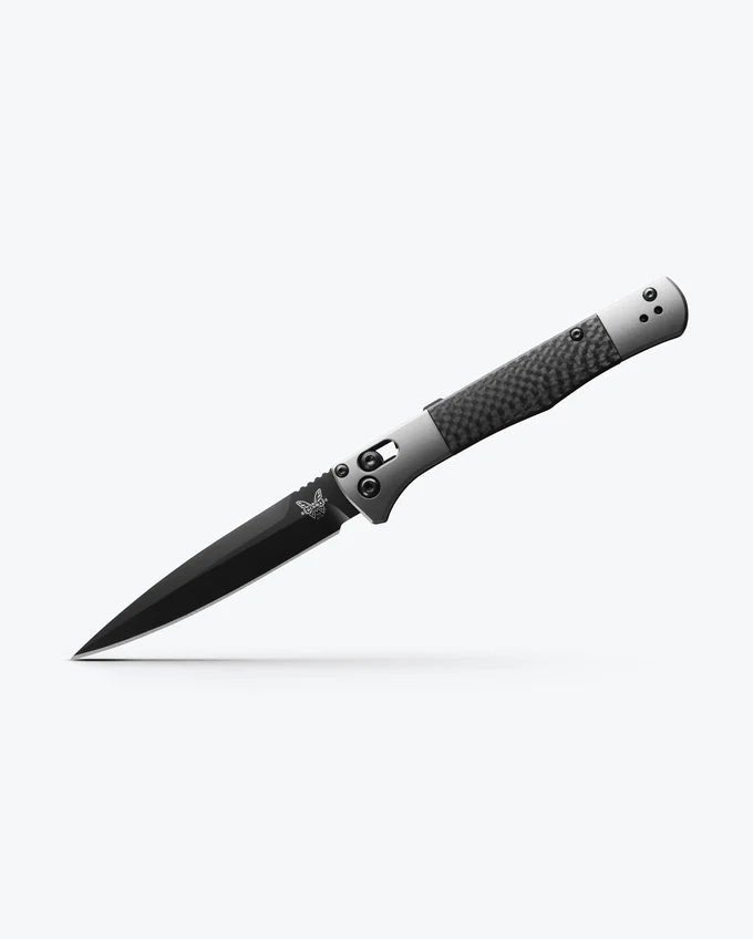 Benchmade 4170BK Auto Fact knife handle detail, aluminum scales with woven carbon fiber inlays and AXIS bar