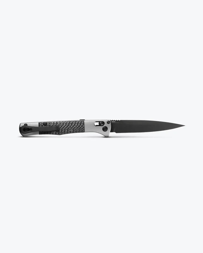 Benchmade 4170BK Auto Fact knife spine view, showing Auto AXIS mechanism button and aluminum handle texture