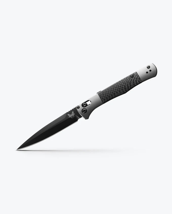 Benchmade 4170BK Auto Fact knife handle detail, aluminum scales with woven carbon fiber inlays and AXIS bar