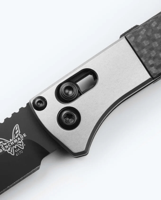 Benchmade 4170BK Auto Fact knife blade detail, black DLC spear point tip and plain cutting edge
