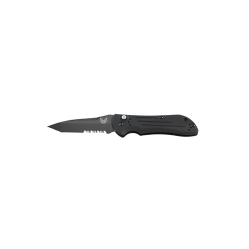 Benchmade Auto Stryker 9101 black serrated tanto knife with 6061-T6 aluminum handle and strong locking button design.