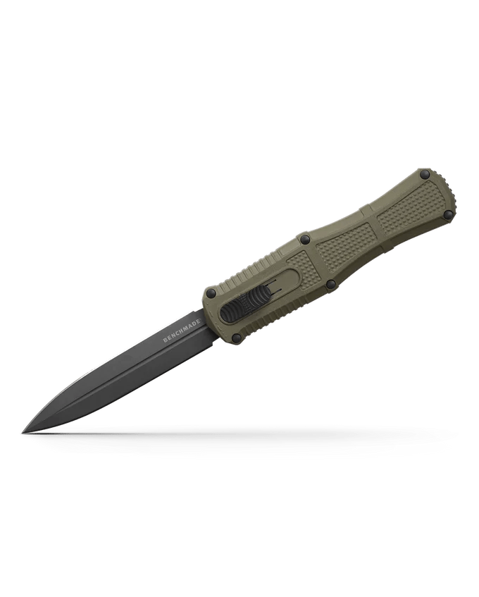 Benchmade Claymore OTF dagger knife with a black blade and green handle, showcasing premium craftsmanship and design.