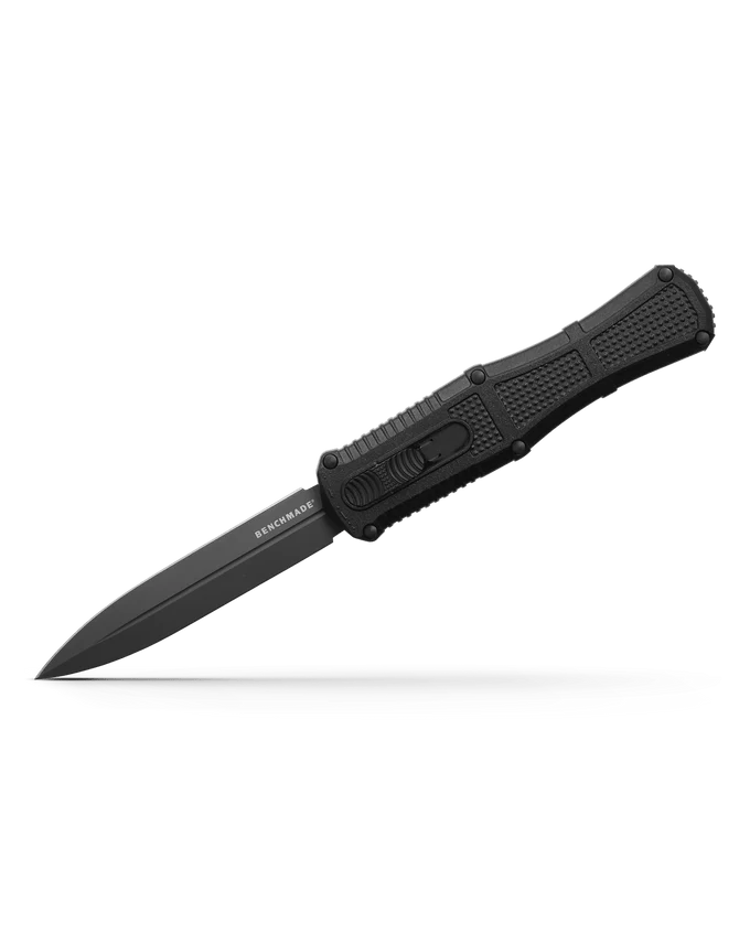Benchmade CLAYMORE OTF dagger knife with black handle and blade, showcasing high-quality craftsmanship and innovative design.
