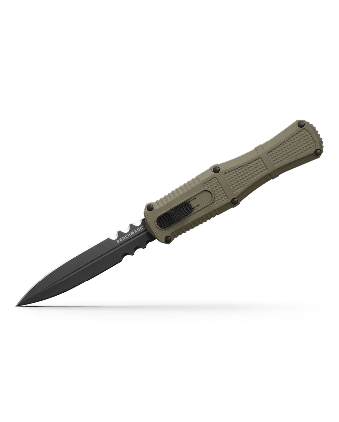 Benchmade CLAYMORE OTF dagger knife with a black blade and green handle, showcasing high-quality craftsmanship.
