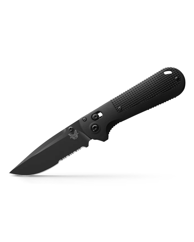Benchmade REDOUBT knife with black Cerakote finish and textured Black Grivory handle, ideal for utility and self-defense.