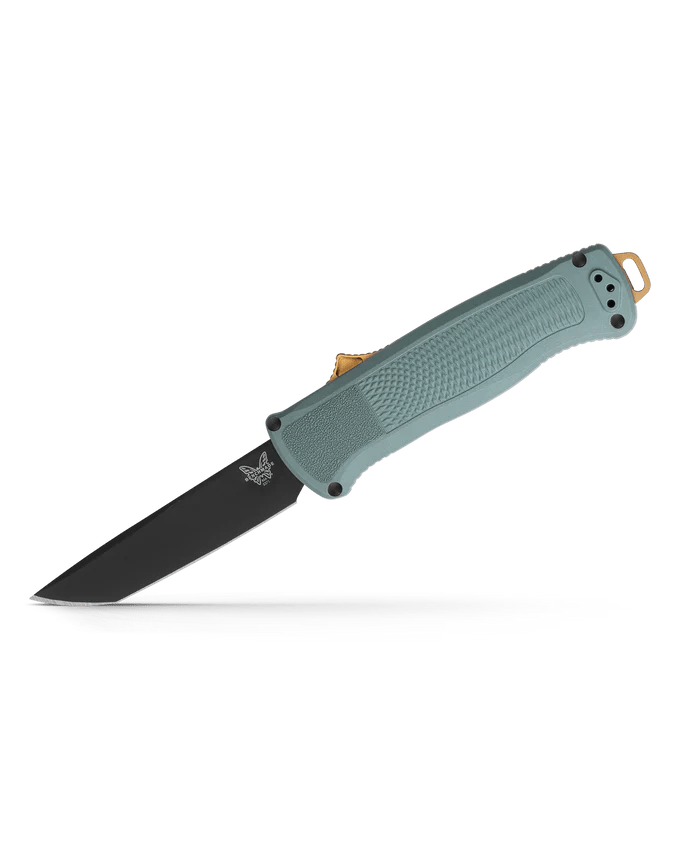 Benchmade SHOOTOUT, AUT, OTF, TANTO knife with a black blade and teal Grivory handle, designed for utility and personal safety.