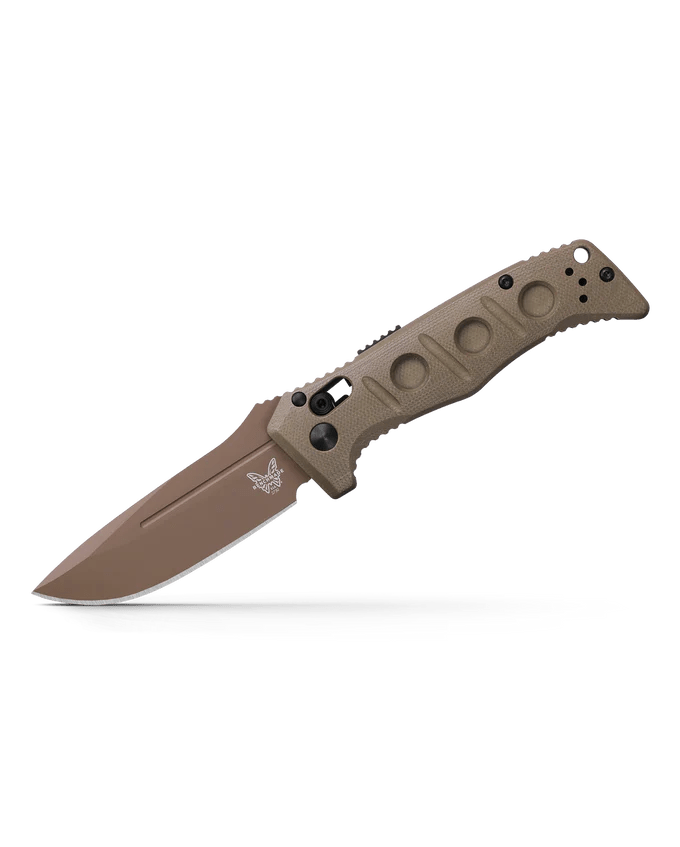 Benchmade Mini Auto Adamas knife with tank-like construction and AXIS lock mechanism, featuring a sleek brown handle and blade.