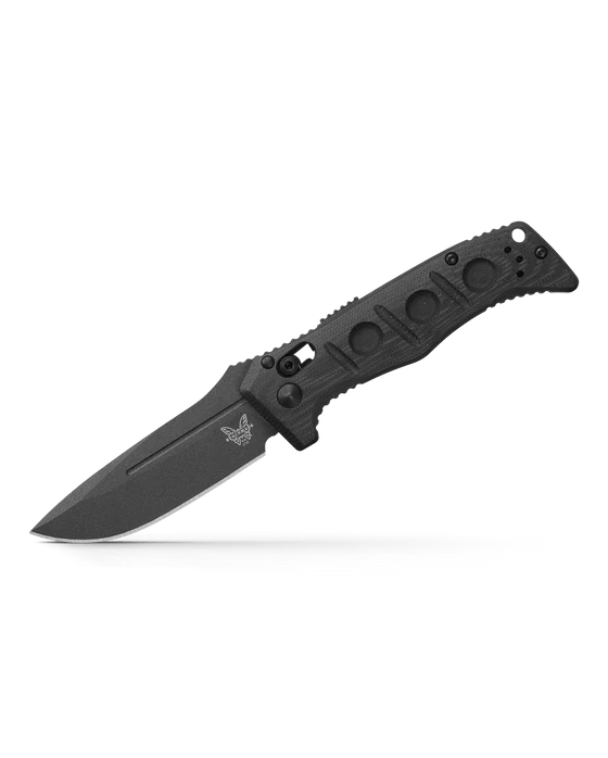 Benchmade Mini Adamas automatic knife with black handle and blade, showcasing its rugged tactical design and reliability.