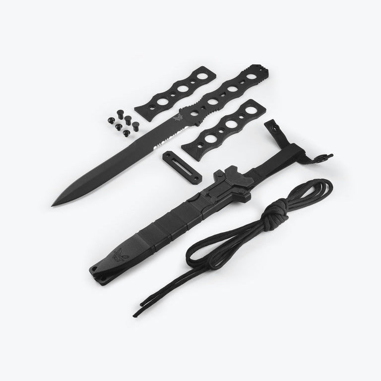 Black tactical knife set with sheathes and accessories on a white background