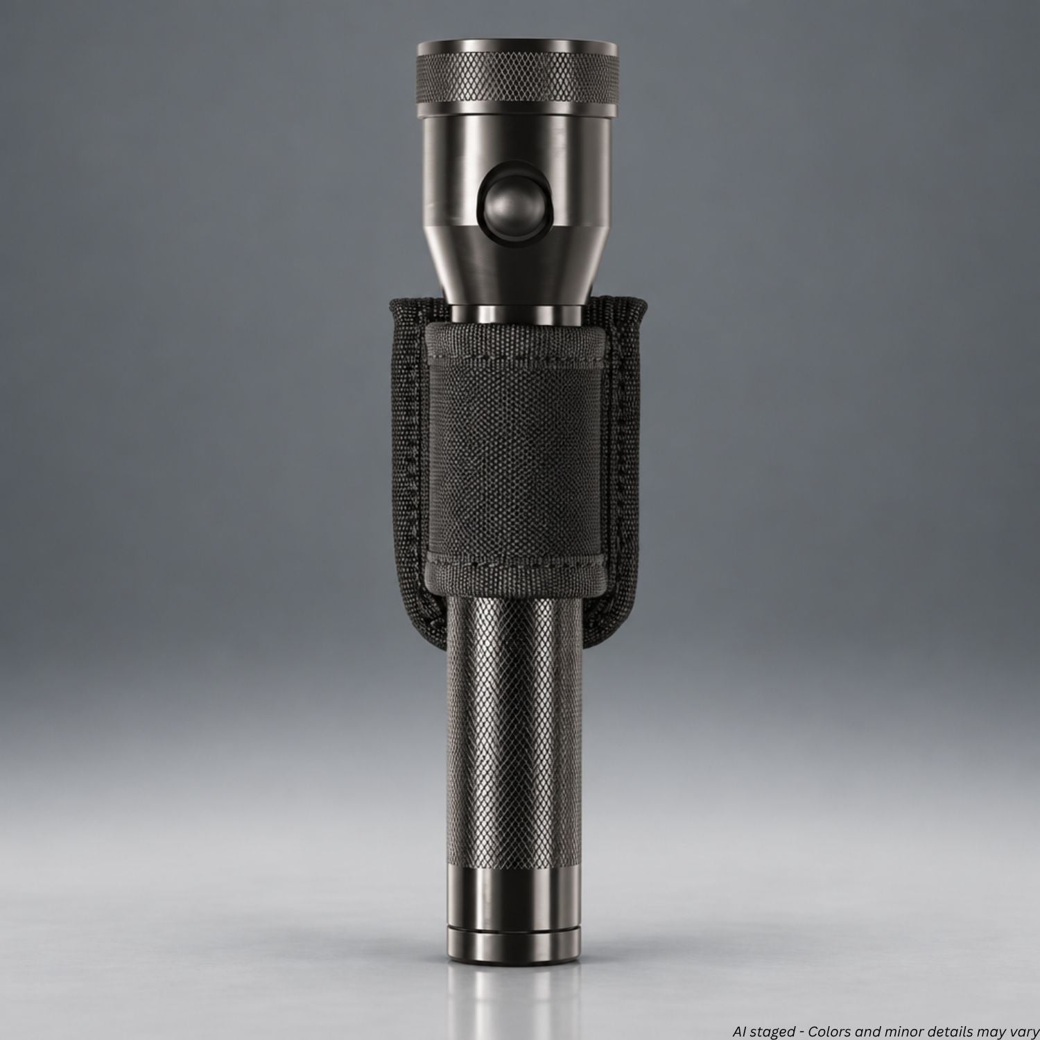 A tactical flashlight in dark gray anodized metal, shown vertically in a black textured nylon belt holder against a gray gradient studio background.