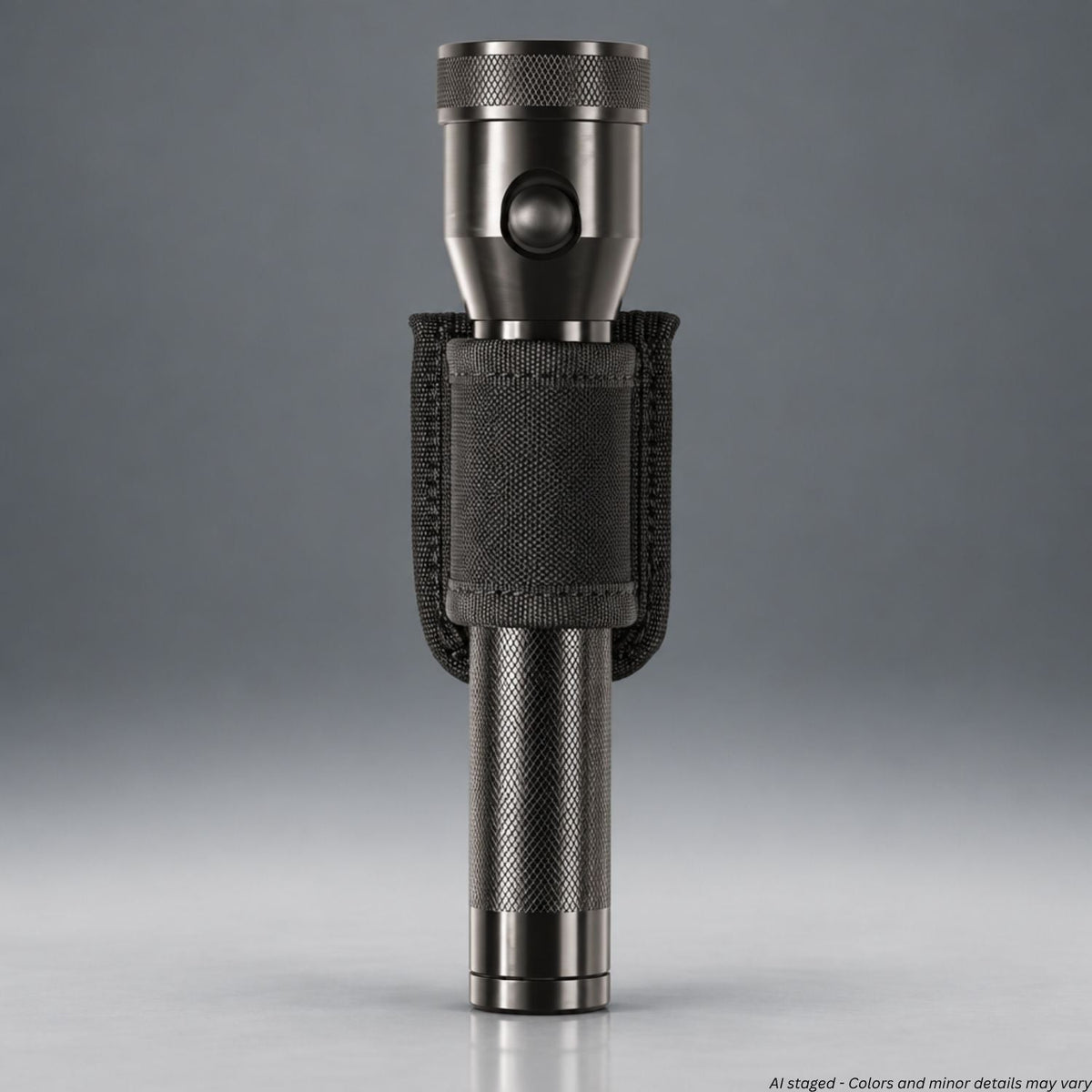 A tactical flashlight in dark gray anodized metal, shown vertically in a black textured nylon belt holder against a gray gradient studio background.