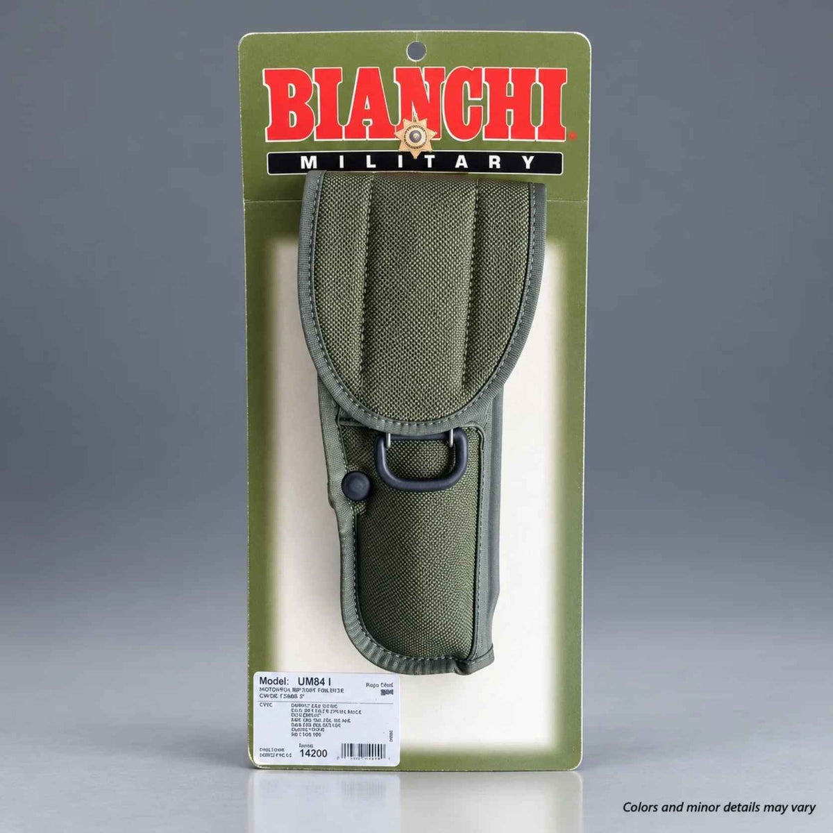 Bianchi UM84 I Universal Military Holster in OD Green on its Bianchi Military retail card