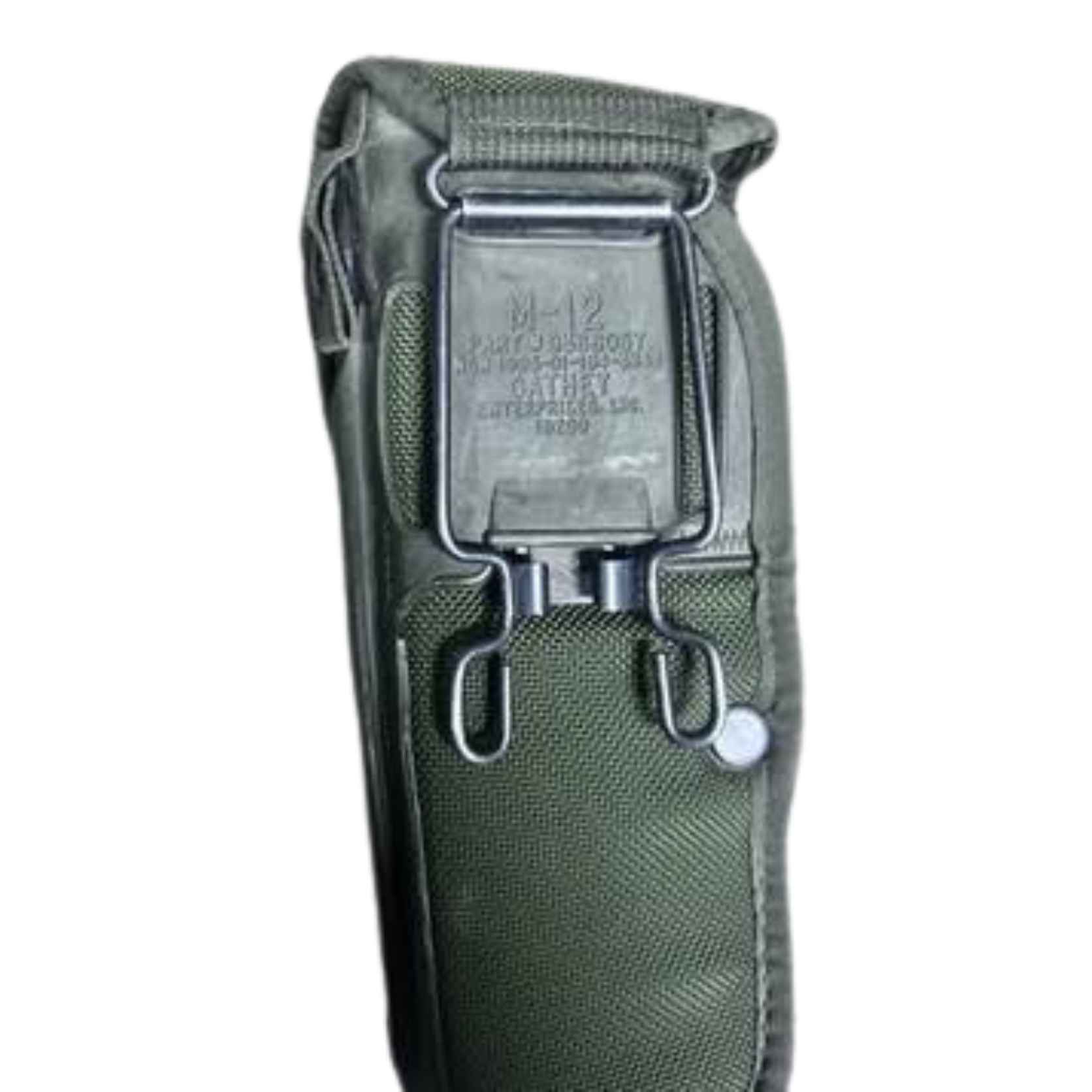 Rear of OD Green Bianchi universal military holster showing the wire belt fastener