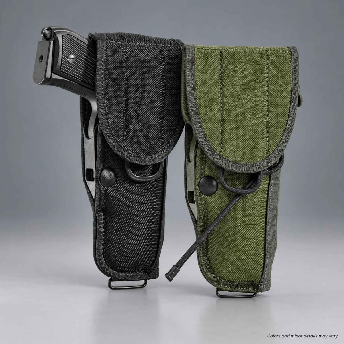 Bianchi UM92I Universal Military Holster 17006 in black holding a pistol beside the 17008 OD Green holster