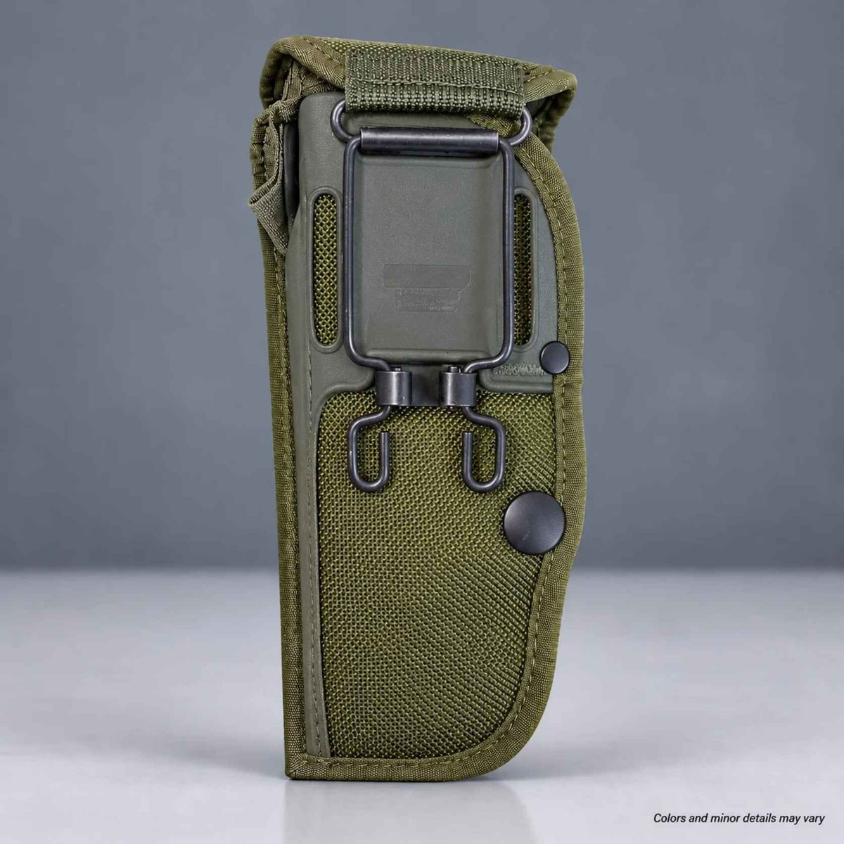 Rear of OD Green Bianchi universal military holster showing the wire belt fastener on a gray background