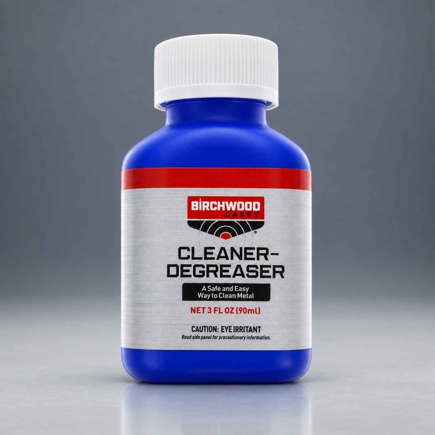 A 3 fl oz bottle of Birchwood Cleaner-Degreaser with a blue plastic body, white cap, and a white label featuring a red stripe and black text, set against a dark gray gradient background.