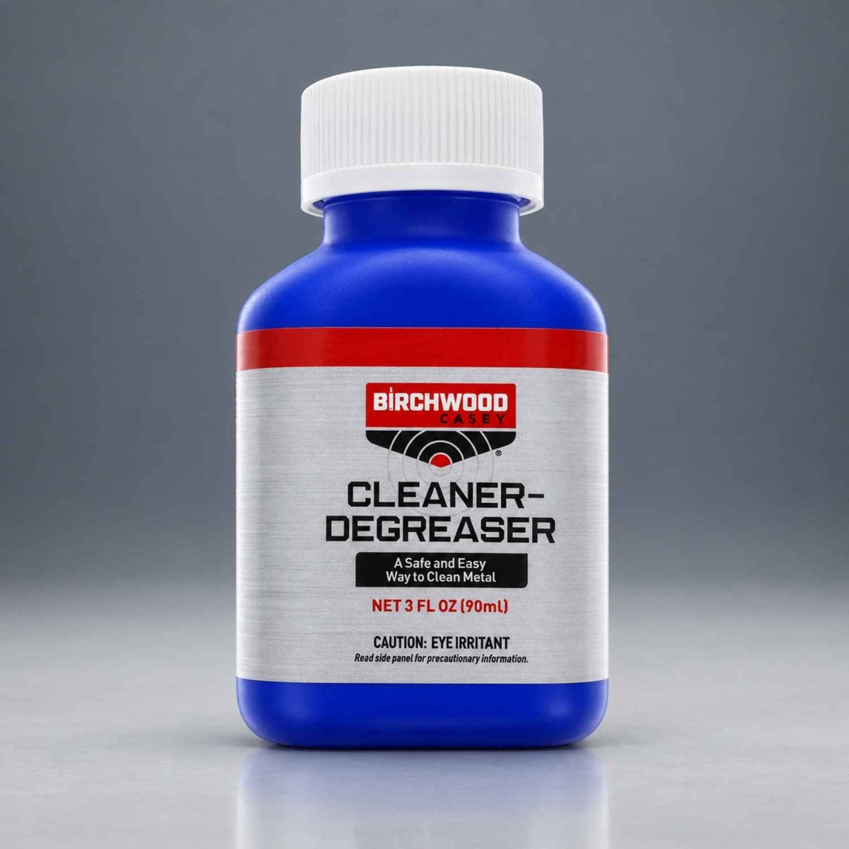 A 3 fl oz bottle of Birchwood Cleaner-Degreaser with a blue plastic body, white cap, and a white label featuring a red stripe and black text, set against a dark gray gradient background.