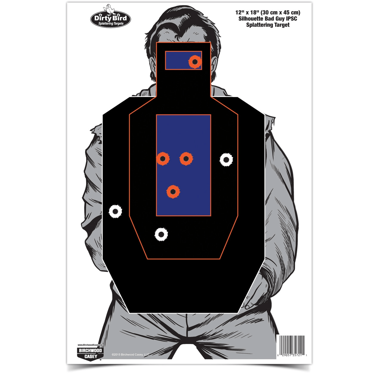 Birchwood Casey Dirty Bird 12x18 Bad Guy IPSC target with splatter effect for shooting practice and training.