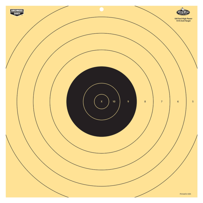 Yellow target with black bullseye and concentric circles, featuring a brand logo in the corner.