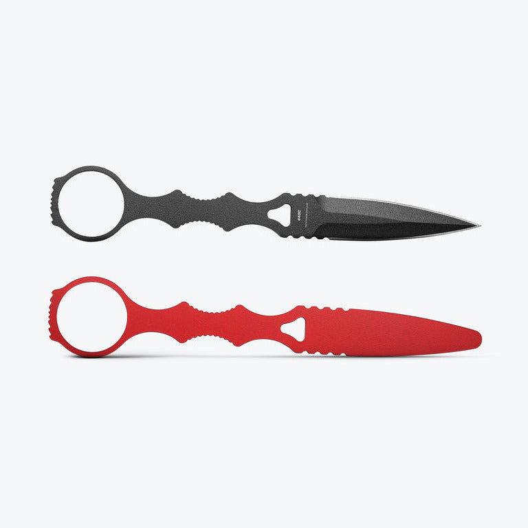 Black and red tactical shears on a white background