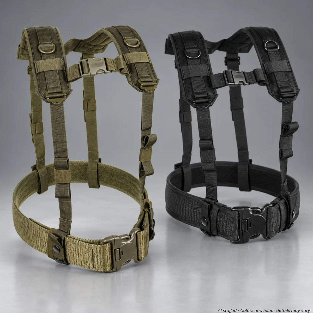 BLACKHAWK! 35LBS1 load-bearing suspenders and military gear harness shown in olive drab green and black, side by side, with padded shoulder straps and adjustable sternum straps.