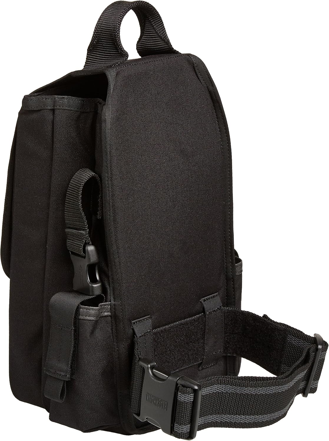 Side view of BLACKHAWK! Mini Deployment Bag with thigh strap and quick-release buckle