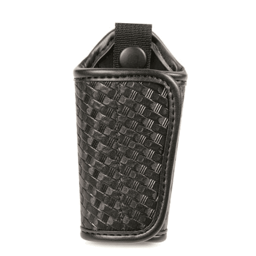 Black woven patterned pouch on a white background