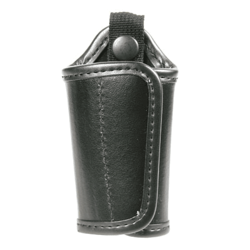 Black leather pouch with a strap on a white background