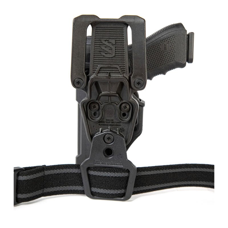 Rear view of BLACKHAWK! T-Series JSBL Leg Strap Adapter Black 432400BK with a holster attached
