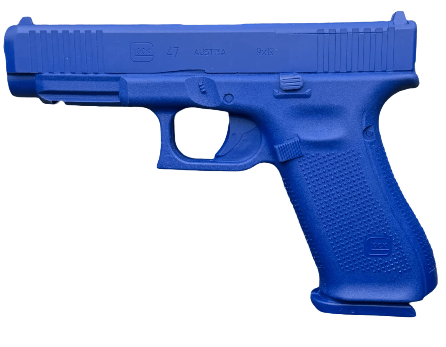 Blue Glock 47 MOS training gun by Rings for firearm simulator, ideal for law enforcement and military training exercises.