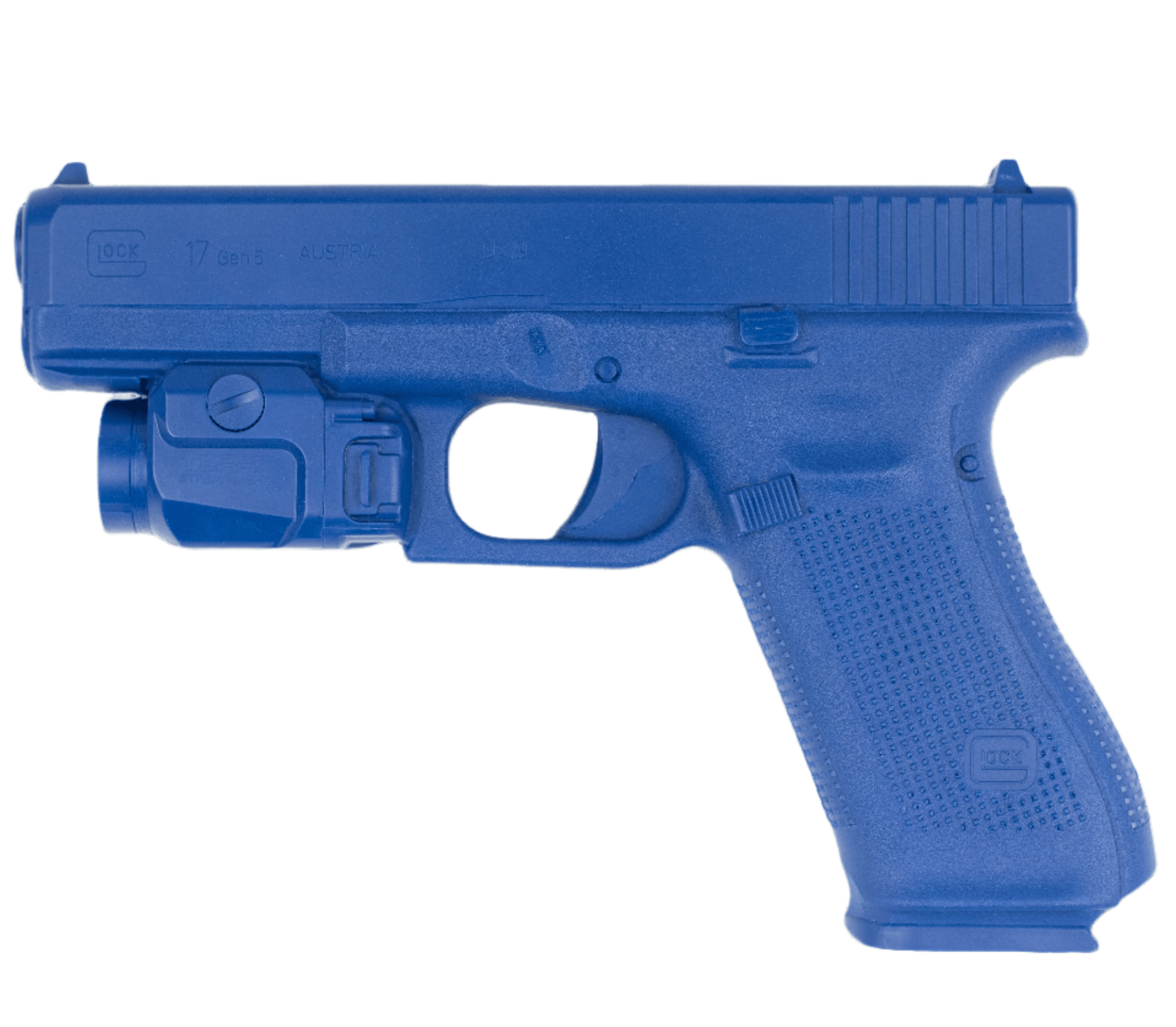 Blue training gun replica of GLOCK 17 Gen 5 with TLR-7 Streamlight for law enforcement and civilian training.