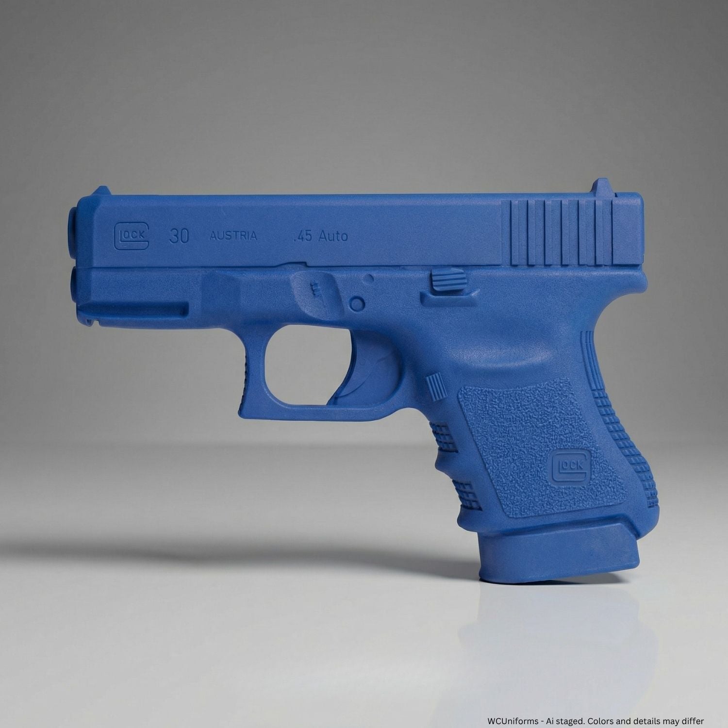 Blue gun-shaped object on a gray background