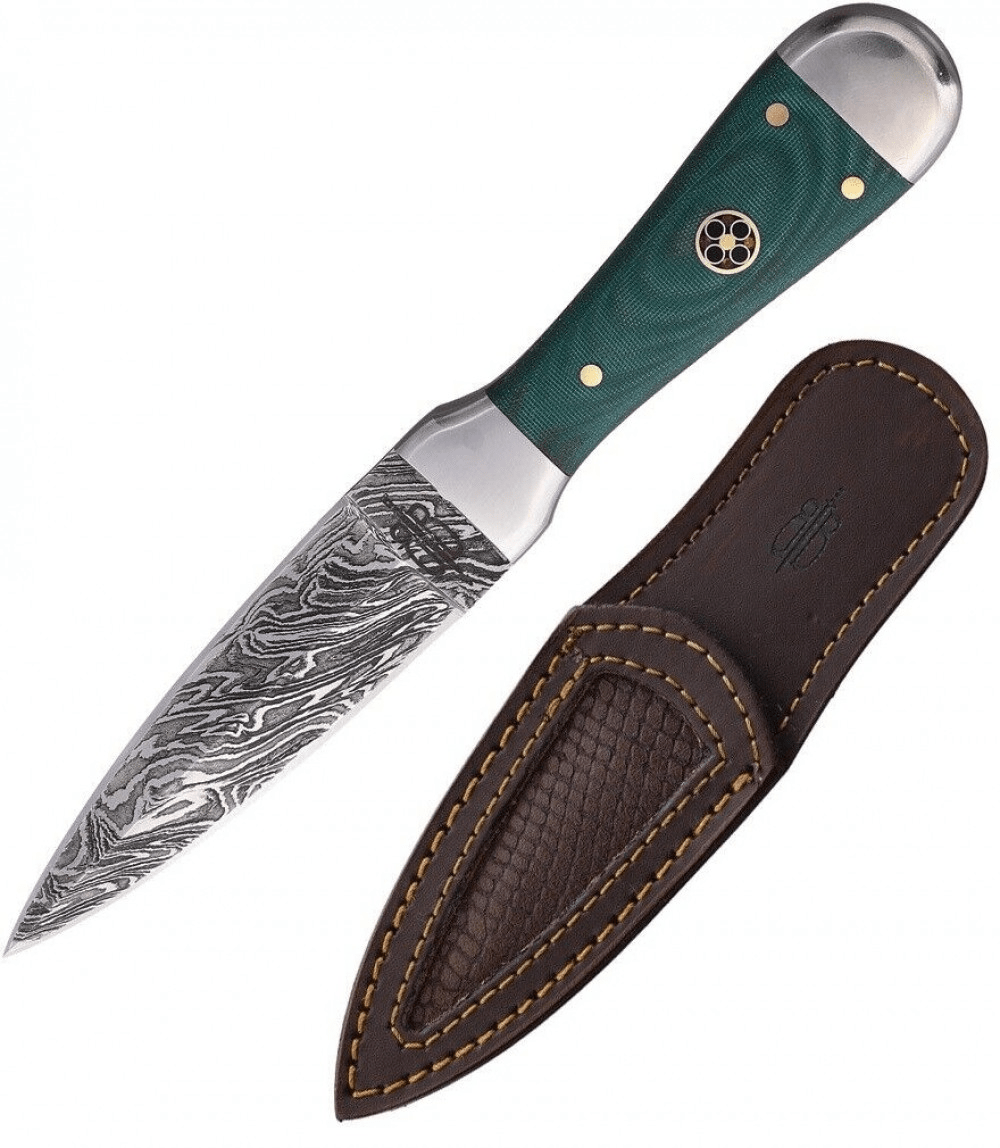 BNB Knives Bodice Dagger with Damascus steel blade, micarta handle in army green, and premium leather sheath.