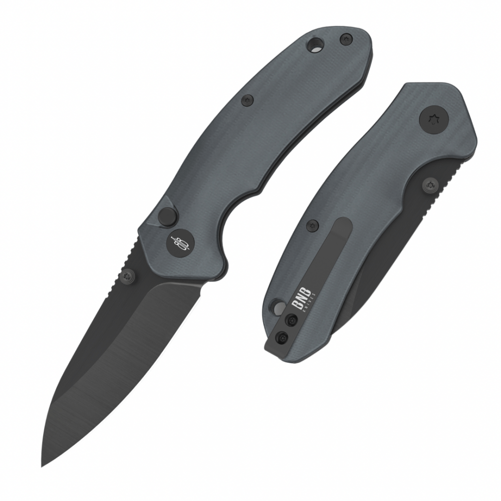 BNB Knives Button Lock Raven Knife in Gravity Grey with D2 steel blade and G10 handle for superior grip and performance.