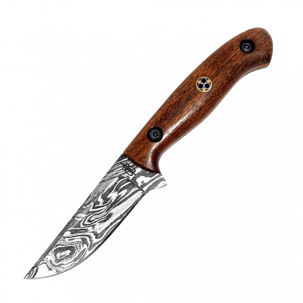 BNB Knives Game Skinner Knife with polished walnut handle and 256-layer Damascus steel blade. Perfect for hunting and skinning.