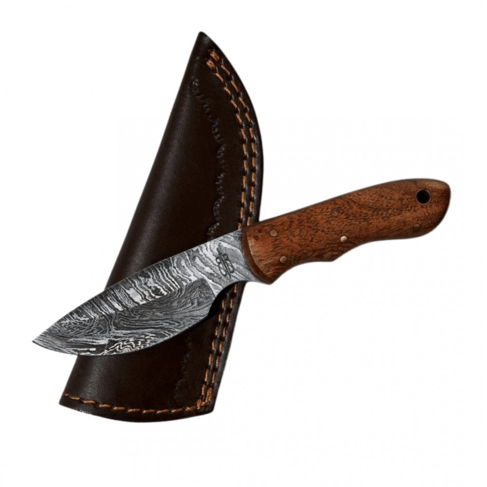 BNB Knives Mini Camper with Damascus steel blade and walnut handle, resting in a leather sheath.