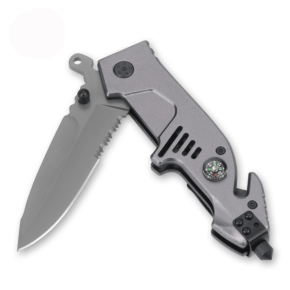 BNB Knives Pocket Survival Knife with compass, seat belt cutter, and glass breaker for outdoor adventures.