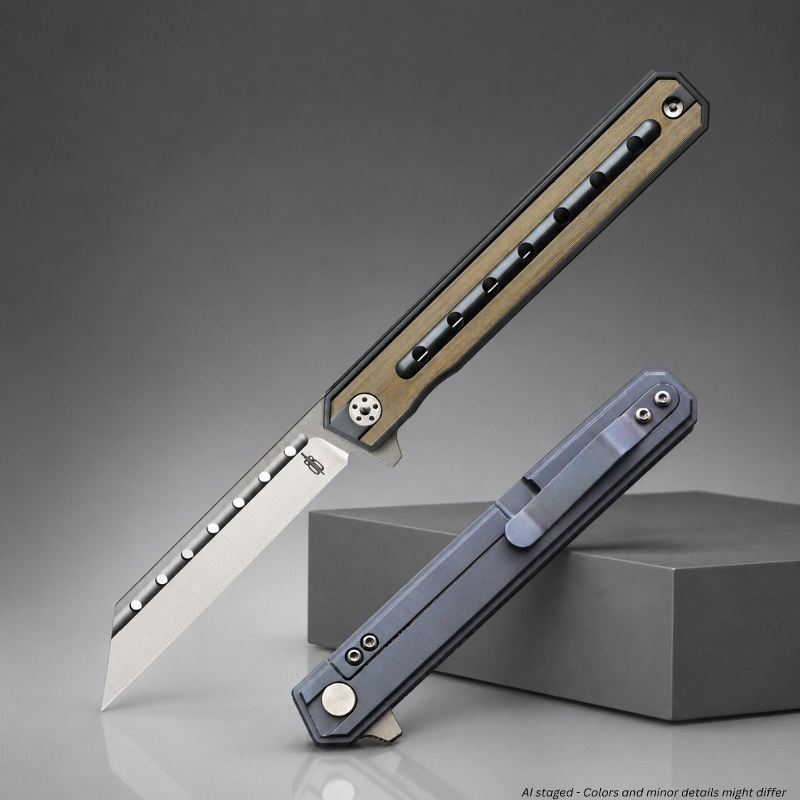 BNB Knives Thunderbird flipper knife BNB1939B fully open, D2 steel sheepsfoot blade and brown titanium handle