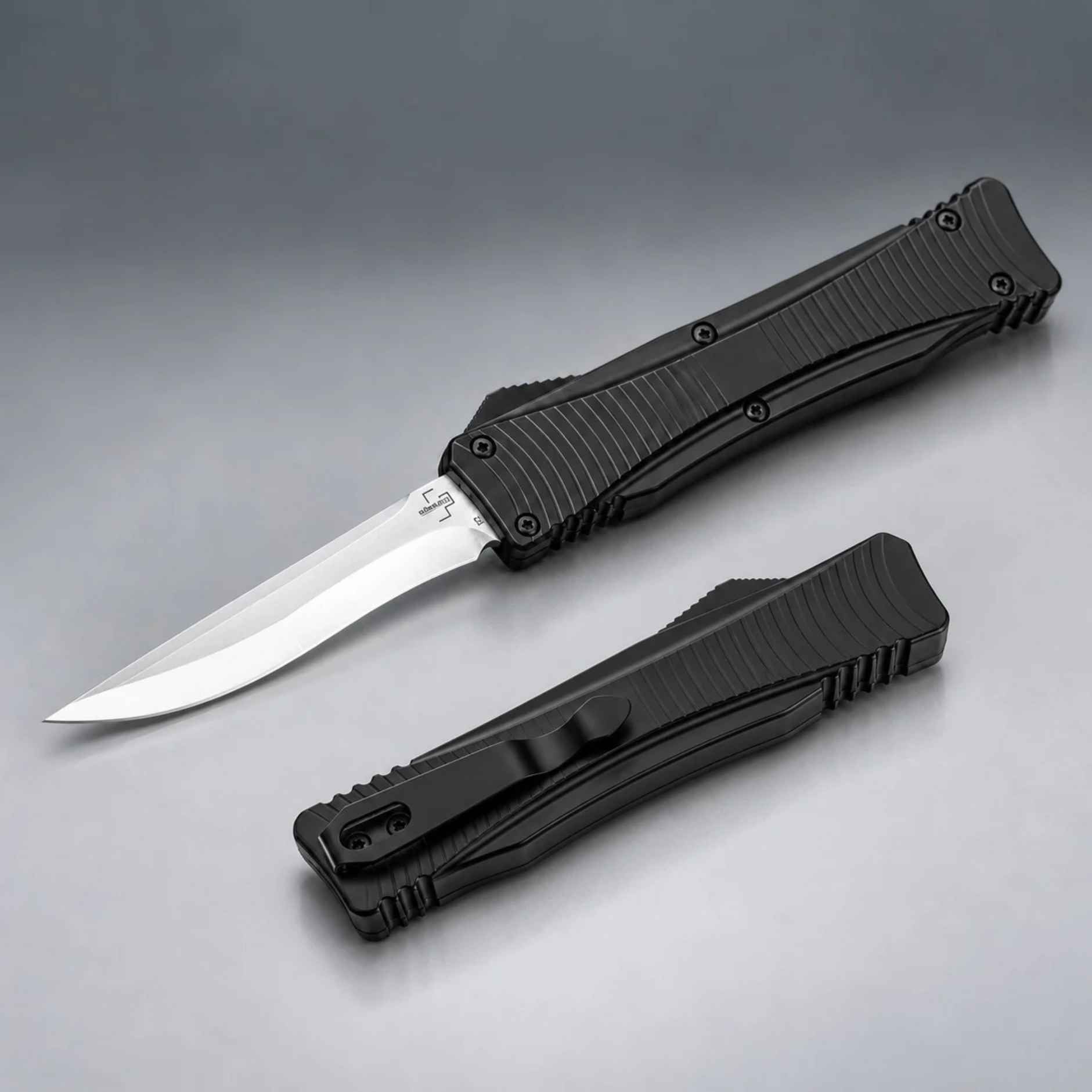 Böker Plus Eagle D2 2.0 OTF automatic knife 06EX243 open and closed, D2 recurve blade, black aluminum handle