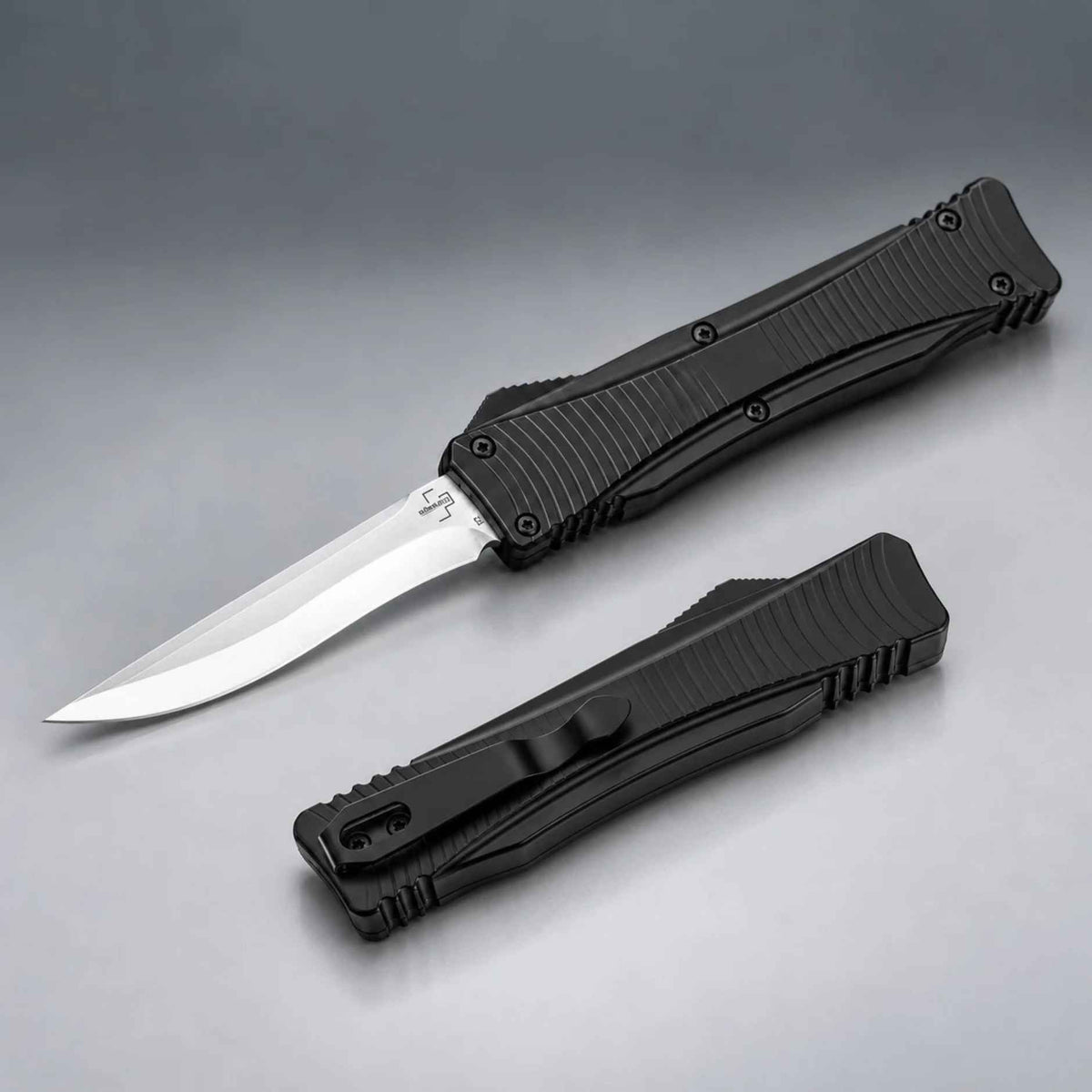 Böker Plus Eagle D2 2.0 OTF automatic knife 06EX243 open and closed, D2 recurve blade, black aluminum handle