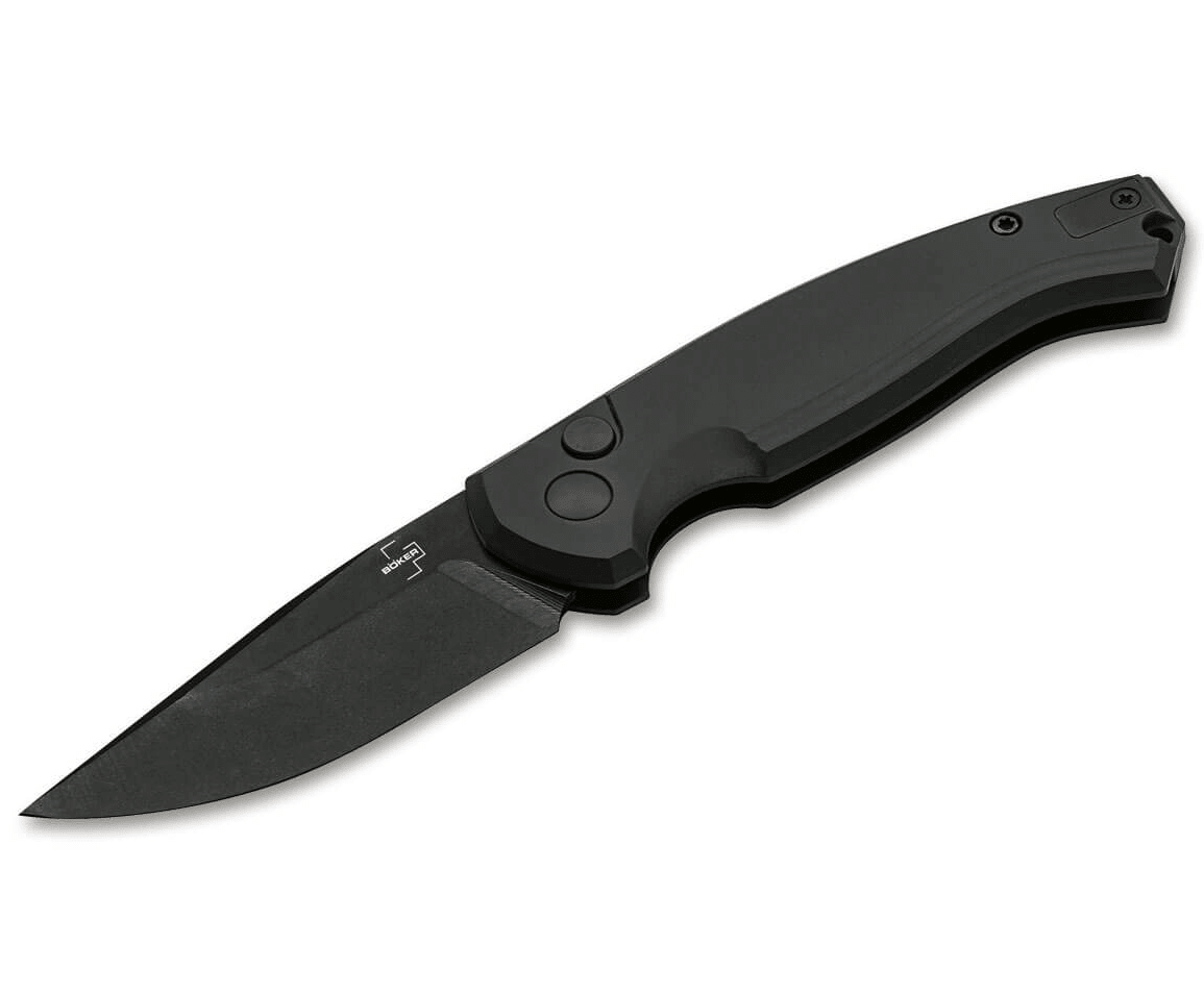 Böker Plus Karakurt All Black automatic knife with black aluminum handle and clip-point blade